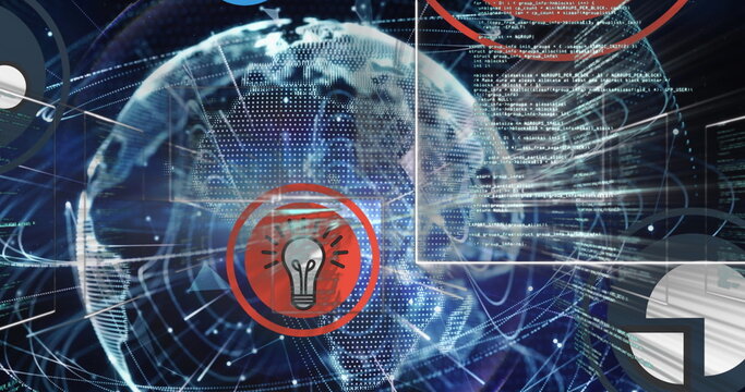Digital globe with lightbulb icon and data streams representing global innovation