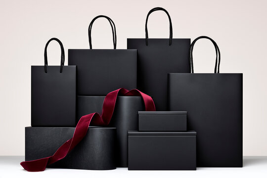 Luxury Black Friday Shopping Background with Black Gift Boxes and Velvet