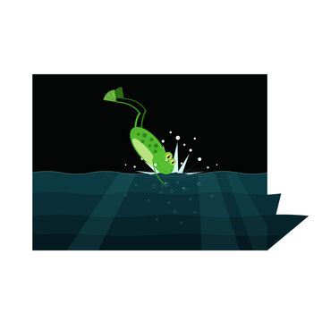 Vector illustration of a cute green frog diving into dark water with splash and air bubbles