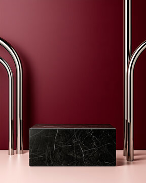 Luxury Black Marble Product Podium with Sculptural Chrome Arches