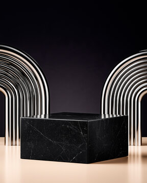 Luxury Black Marble Product Podium with Sculptural Chrome Arches