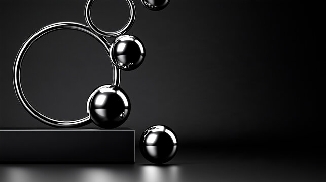 Futuristic Black Product Display with Floating Chrome Rings and Spheres