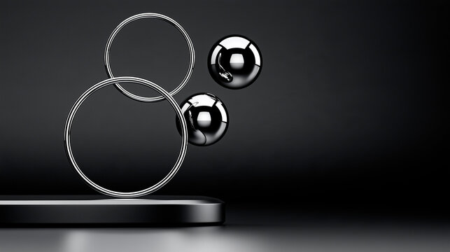 Futuristic Black Product Display with Floating Chrome Rings and Spheres