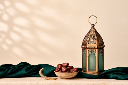Luxury Ramadan Still Life with Brass Lantern, Dates and Emerald Green Velvet