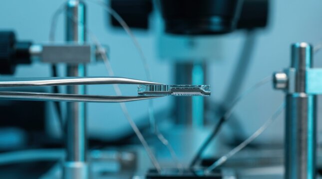 AI-native: Micro-manipulator tweezers hold a layered cross-section of an event-based vision sensor, revealing stacked photodiodes bonded to a spiking neural processing chip.