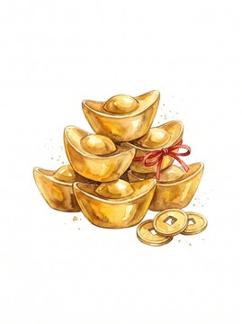 Watercolor illustration of gold sycee ingots with coins and red ribbon for Lunar New Year wealth and prosperity