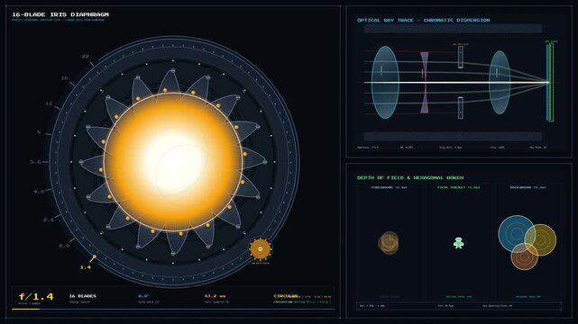 Animated technical infographic of a 16 blade camera aperture iris diaphragm demonstrating optical physics f stop adjustments chromatic dispersion ray tracing and depth of field bokeh mechanics