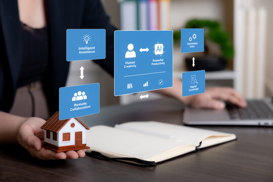 AI in real estate concept with a professional holding a model house beside digital panels illustrating human creativity, intelligent assistance, task automation and remote collaboration.