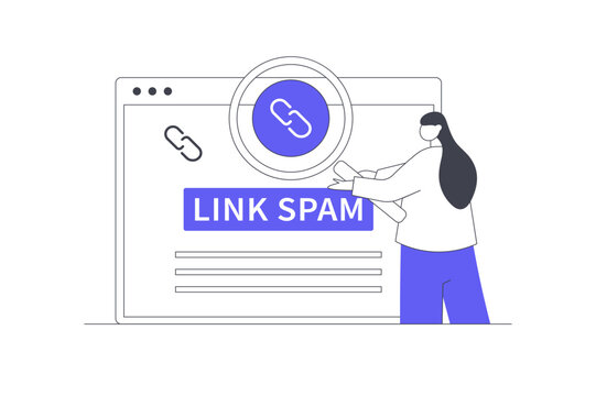 Cyber Threats Link Spam and Website Security Attack. Female Specialist Pointing at Web Page Screen with Link Spam Warning Badge and Security Shield. Flat Cartoon Vector Illustration, icon Stylish web