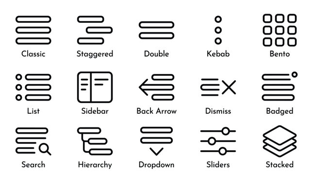 User interface ui navigation vector line icon set featuring classic list sidebar and dropdown menu elements for modern web design.