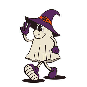 Fun vector Halloween Ghost design. Hand drawn cyclops Ghost character in witch hat isolated transparent background. Perfect for Halloween poster card design. EPS 10