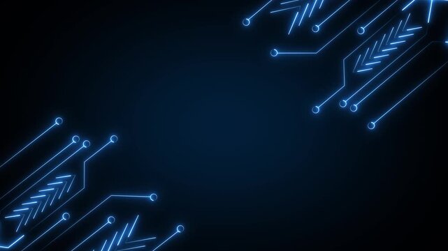 Glowing blue circuit board lines frame a dark navy background with empty center space for technology, digital security, or futuristic design.