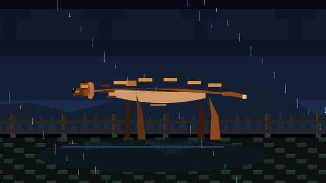 2D animated motion graphics of a wet dog shaking off water in the rain, depicting canine kinetic oscillation reflex, side view vector illustration of pet drying itself at night in a storm