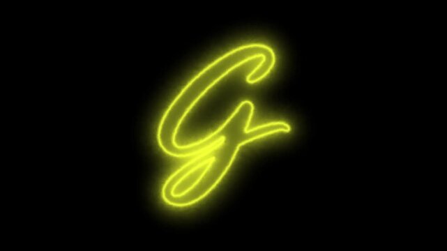 Luminous yellow neon G-shaped letter animation with smooth glowing curves on a black background, ideal for animated alphabet collections, typography reveals and futuristic visual effects.