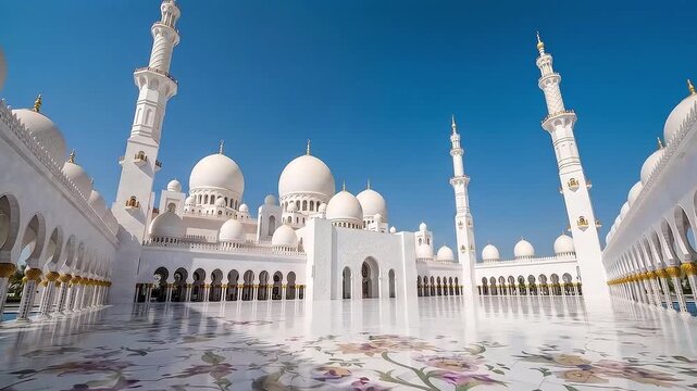 Beautiful white sheikh zayed grand mosque with tall minarets under a clear blue summer sky