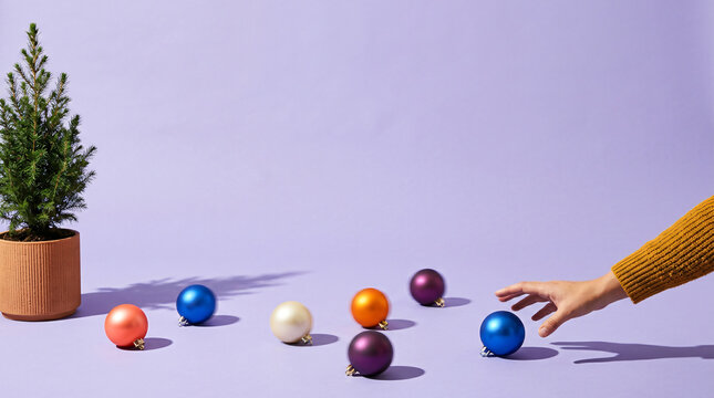 Hand reaching for a Christmas ornament on a purple background. Minimalist holiday decoration concept.