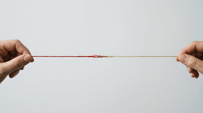 Hands pulling a red and gold string taut against a white background