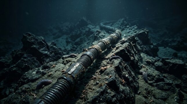 A rusted fiber optic cable lies across dark underwater rocks in the deep ocean, surrounded by marine life and particulate matter descending through the dim blue water