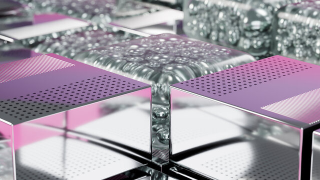 Metallic perforated cubes with liquid bubbles in abstract 3d design