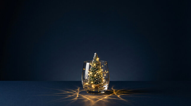 Miniature Christmas tree with lights in a glass on dark background. Festive holiday concept with copy space.