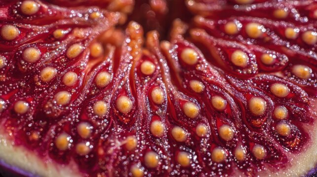 extreme macro cross section of a perfectly ripe fresh fig, densely packed ruby red seeds, delicate pink flesh, tiny glistening juice droplets