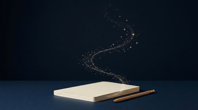Notebook with magical sparkles rising on a dark blue background.