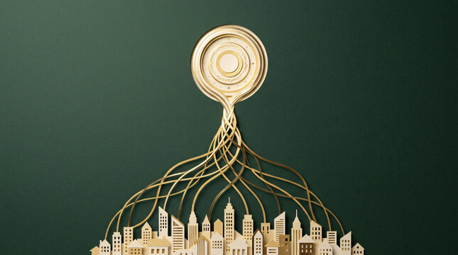 Paper art city skyline connected to a central sun on green background.