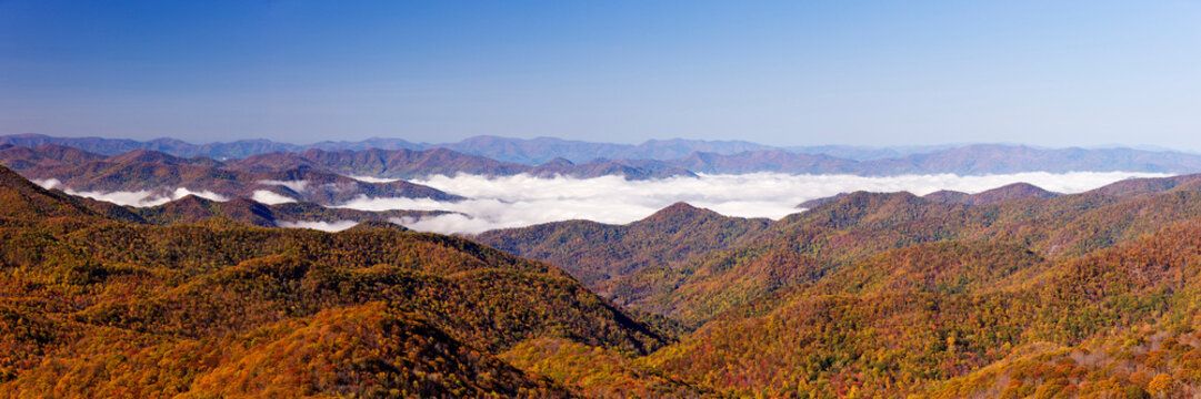 Mountain ridges with fall foliage in blue ridge parkway