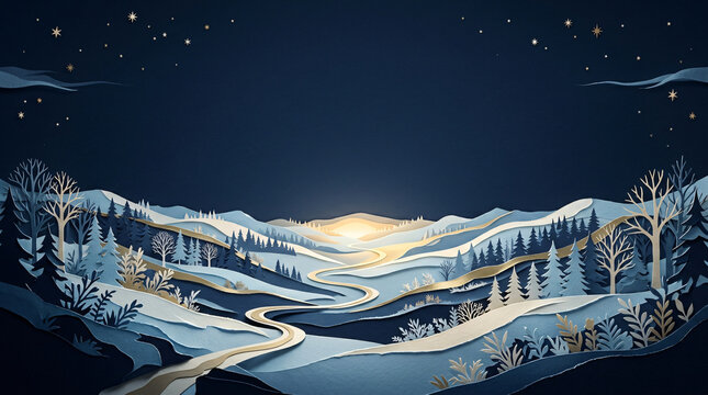 Paper cut winter landscape with winding path through snowy mountains. Magical night scene for holiday background.