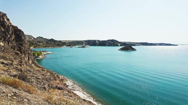 Artificial Lake Of Kapchagay Reservoir On The Ili River In Southeastern Kazakhstan. Aerial Wide Shot