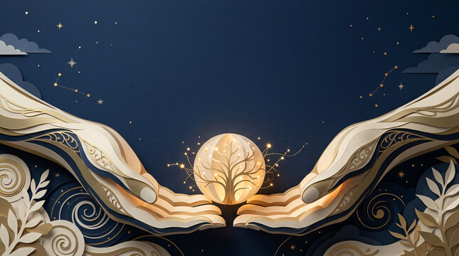 Paper hands holding a glowing sphere with a tree in a night sky.