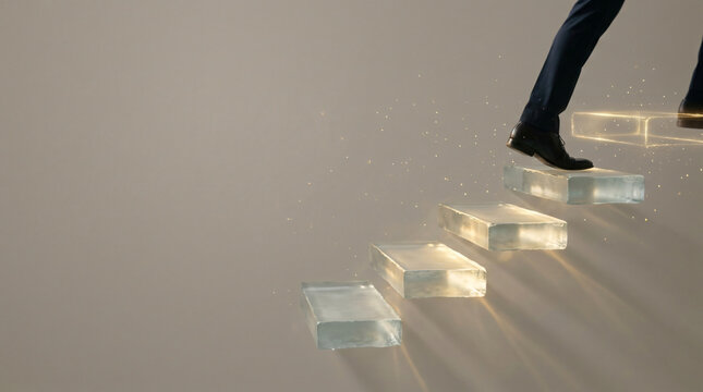 Businessman stepping up floating glass staircase. Concept of career growth.