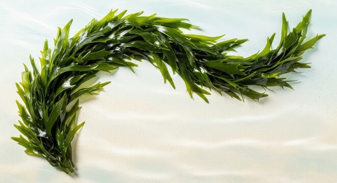 A strand of sea lettuce rests on a light beige surface. The seaweed has a vibrant green color and a textured, slightly rough appearance.