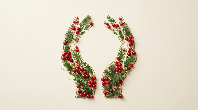 Cupped hands shape made of red berries and evergreen branches. Festive holiday concept on cream background.