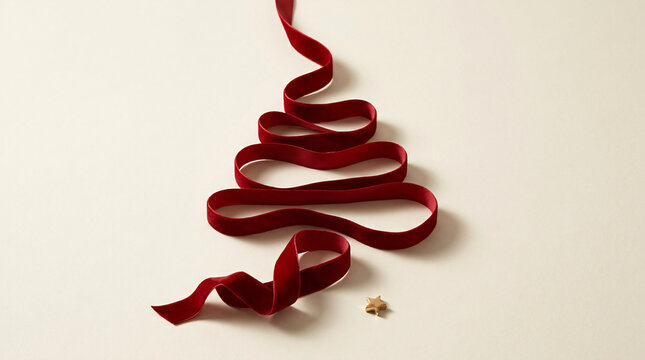 Red ribbon Christmas tree silhouette on a cream background. Minimalist festive holiday concept.