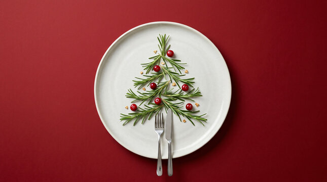 Rosemary Christmas tree on a white plate over a red background. Festive holiday dining concept.