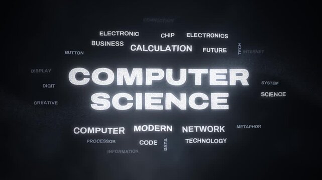 Computer science animated particle word cloud, text design animation, seamless loop