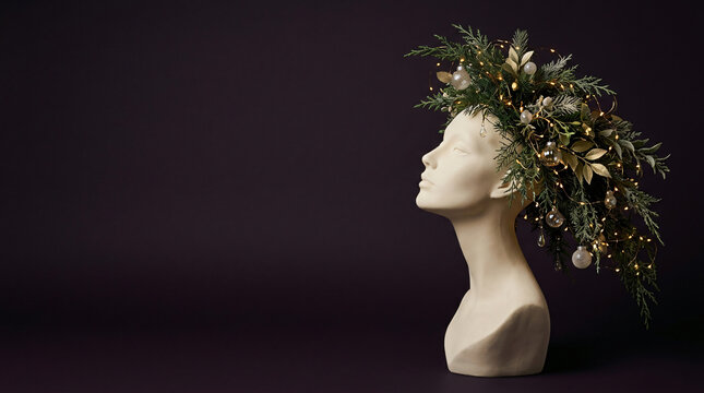 Mannequin head wearing a festive evergreen crown on dark background. Elegant winter holiday concept with copy space.