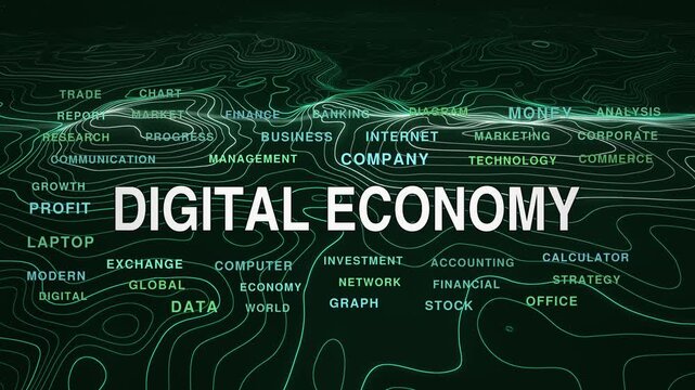 Digital economy animated topography word cloud, text design animation, seamless loop