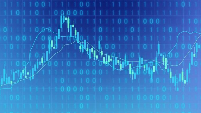 Blue toned background featuring candlestick and moving lines with binary code on digital screen display, financial stock market trading analysis investment growth, exchange trend