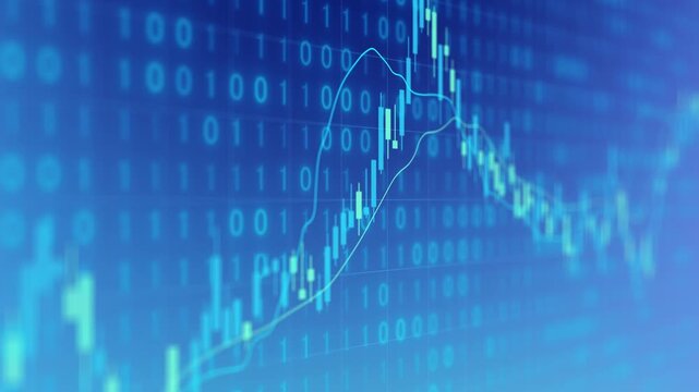 Blue toned background featuring candlestick and moving lines with binary code on digital screen display, financial stock market trading analysis investment growth, exchange trend