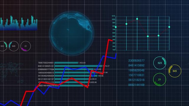 Visual diagram global stocks statistics and performance data,  dashboard multi-function summarize, line graph upward trend trading volume interface