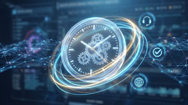 Digital three dimensional renderluminous analog dial clock symbolizing round the clock nonstop time management continuous customer support efficiency tracking and deadline productivity