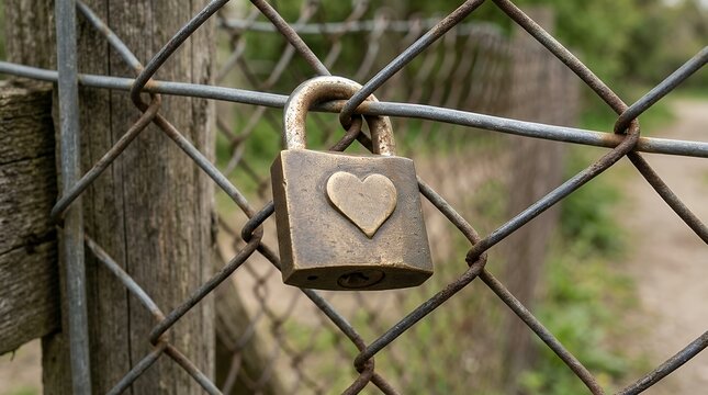 Symbolic metal padlock adorned with a heart shape attached securely to a rustic protective boundary fence padlock heart symbol fence love lock security lock romantic symbol metal lock boundary fence
