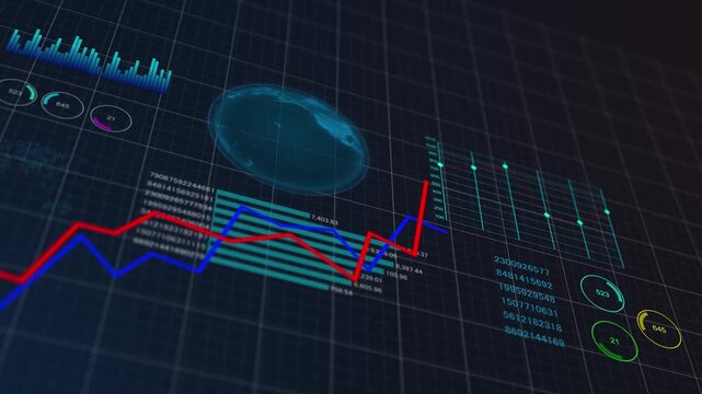 Visual diagram global stocks statistics and performance data,  dashboard multi-function summarize, line graph upward trend trading volume interface