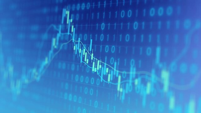 Blue toned background featuring candlestick and moving lines with binary code on digital screen display, financial stock market trading analysis investment growth, exchange trend