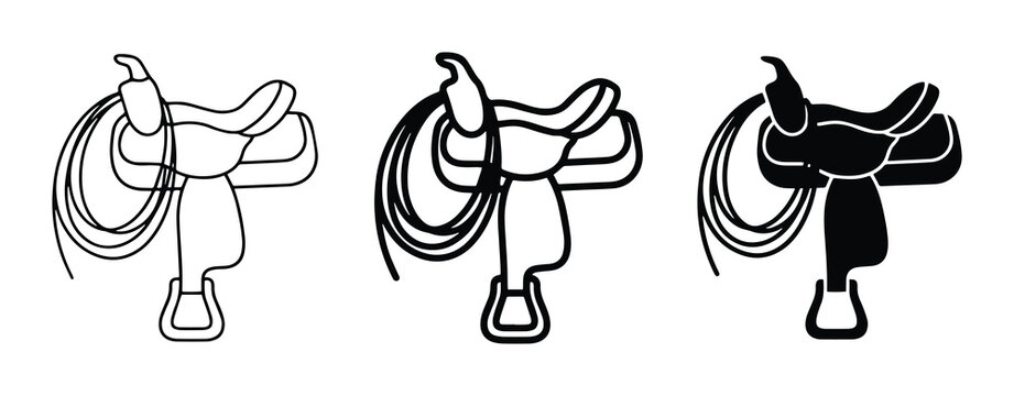 Western saddle silhouettes set with stirrup and reins for equestrian design