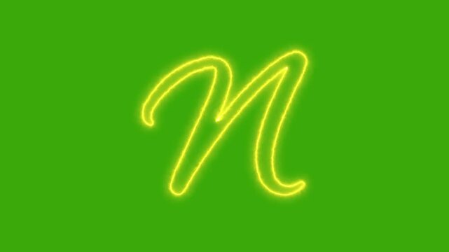 Glowing yellow neon letter N is traced with elegant curved light strokes on a green background, suitable for chroma key effects, animated typography and alphabet motion graphics.