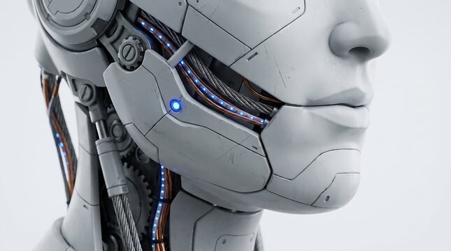 Close-up static shot of a humanoid robot head with white metallic plating and exposed mechanical wiring glowing blue inside the jaw mechanism, set against a bright, sterile studio