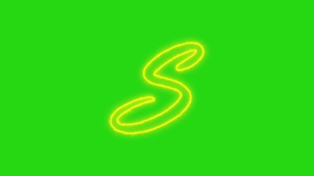Bright yellow neon letter S appears through a flowing glowing line animation on a green background, ideal for chroma key compositing, animated typography, alphabet videos and motion graphics.